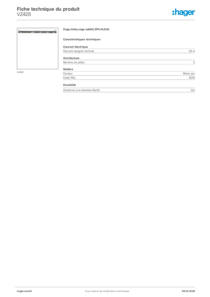 Image Hager Fiche technique du produit VZ428 | Hager France