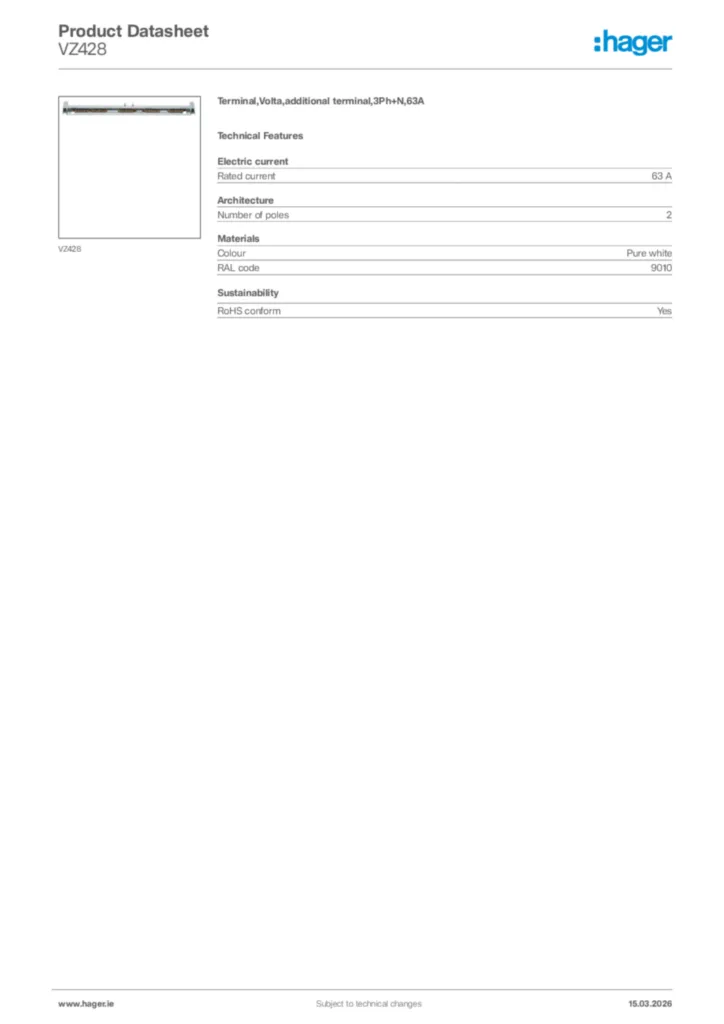 Image Hager Product data sheet VZ428  | Hager