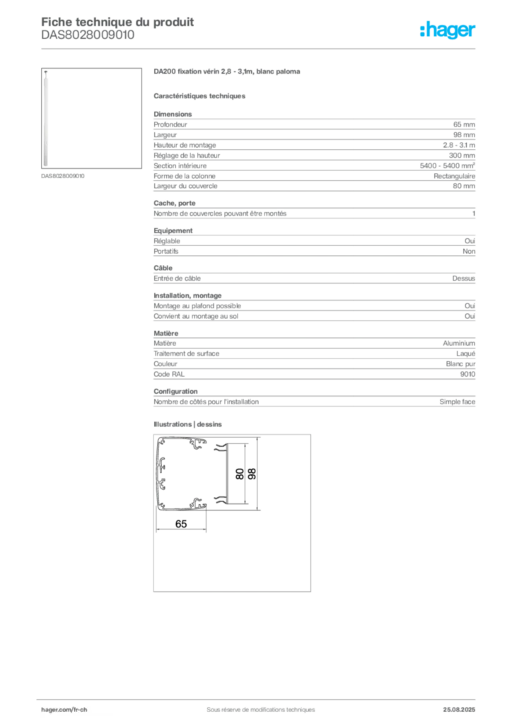 Image Hager Fiche technique du produit DAS8028009010 | Hager Suisse