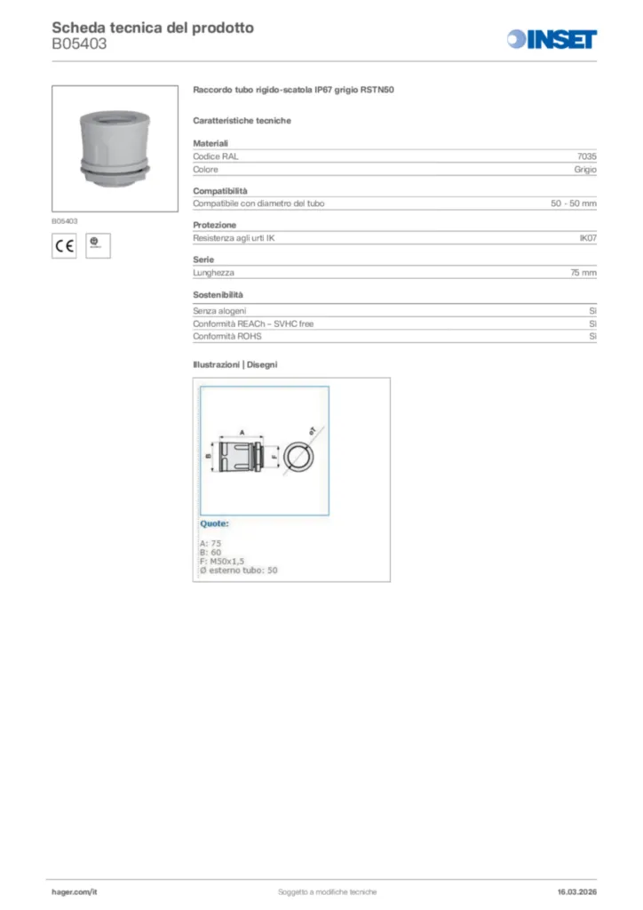Immagine Inset Scheda tecnica del prodotto B05403 | Hager Italia