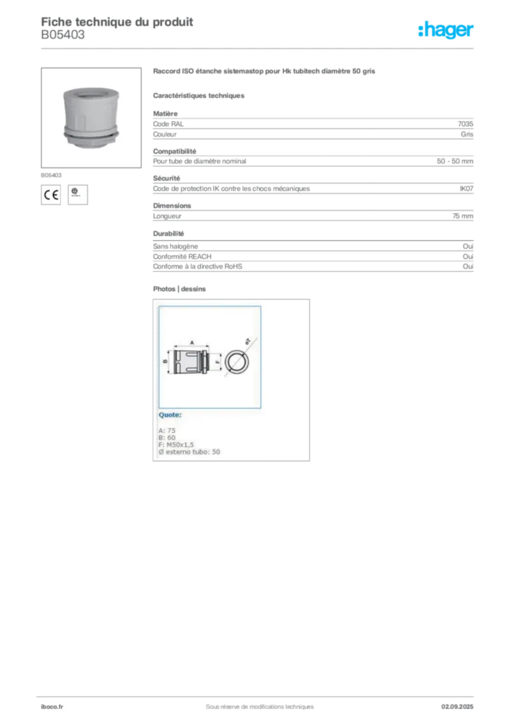 Image Iboco Fiche technique du produit B05403 | Hager France