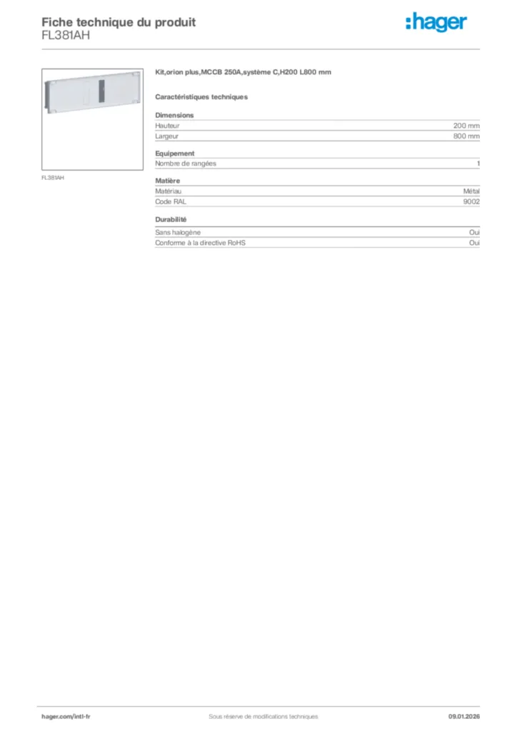 Image Hager Fiche technique du produit FL381AH | Hager Afrique