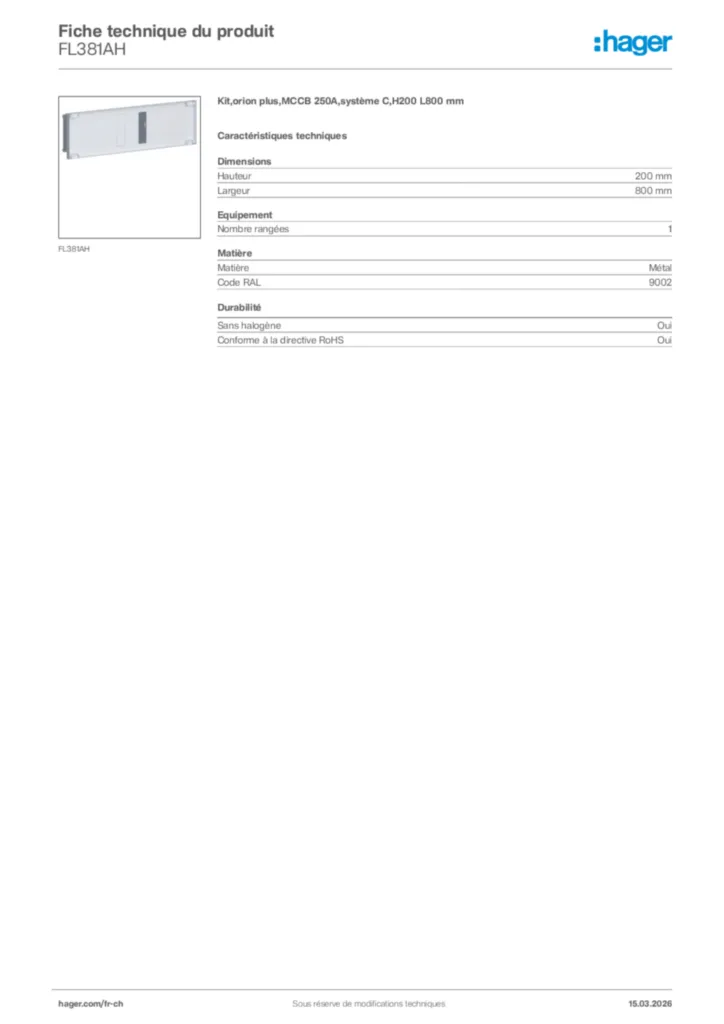 Image Hager Fiche technique du produit FL381AH | Hager Suisse
