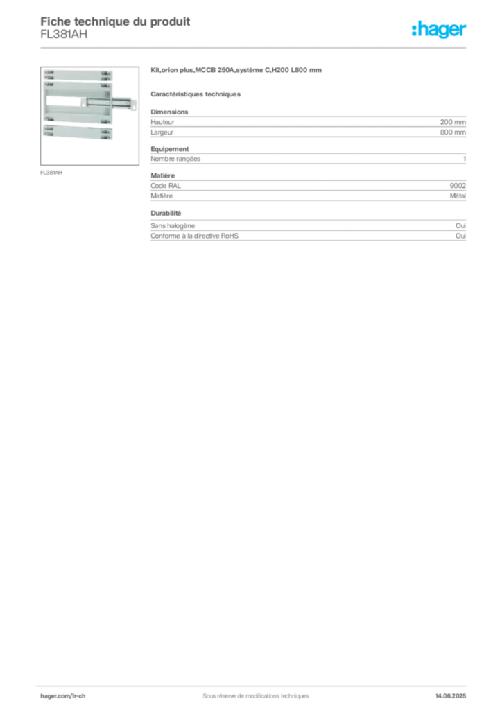 Image Hager Fiche technique du produit FL381AH | Hager Suisse