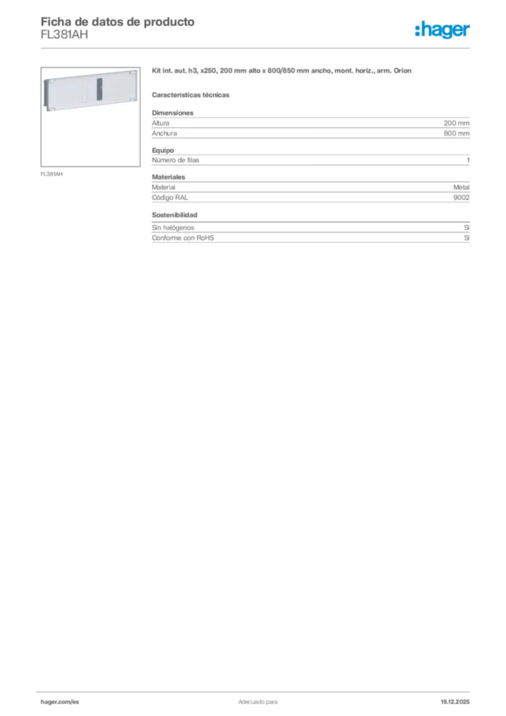 Imagen Hager Ficha de datos de producto FL381AH | Hager España