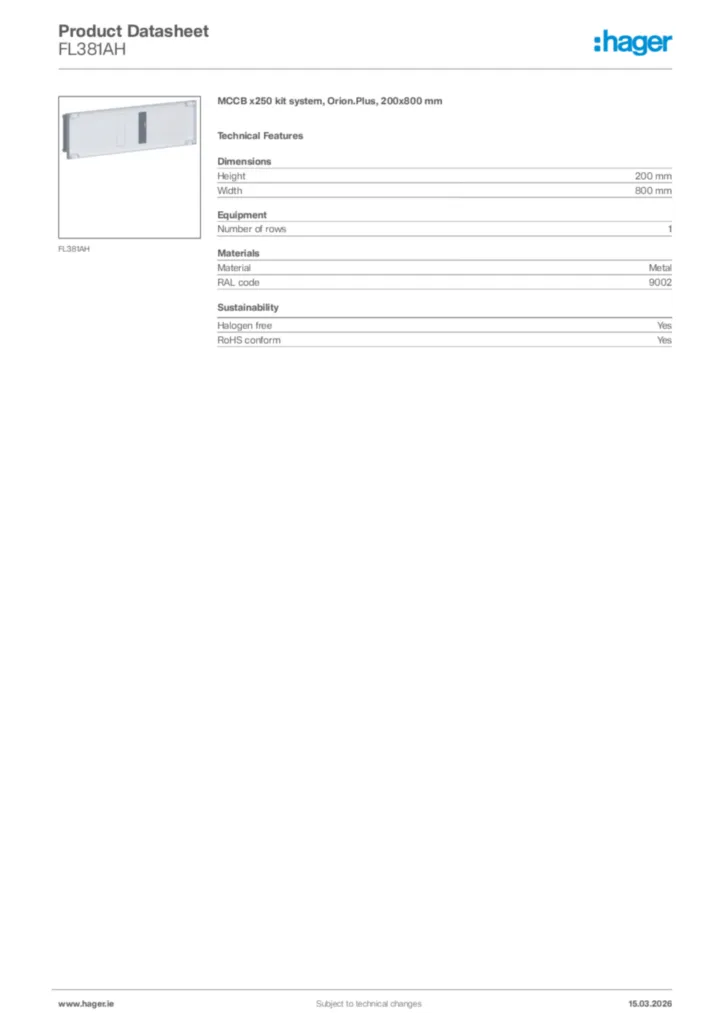 Image Hager Product data sheet FL381AH  | Hager
