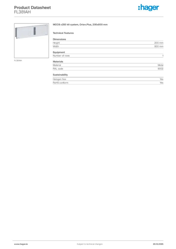 Image Hager Product data sheet FL381AH  | Hager