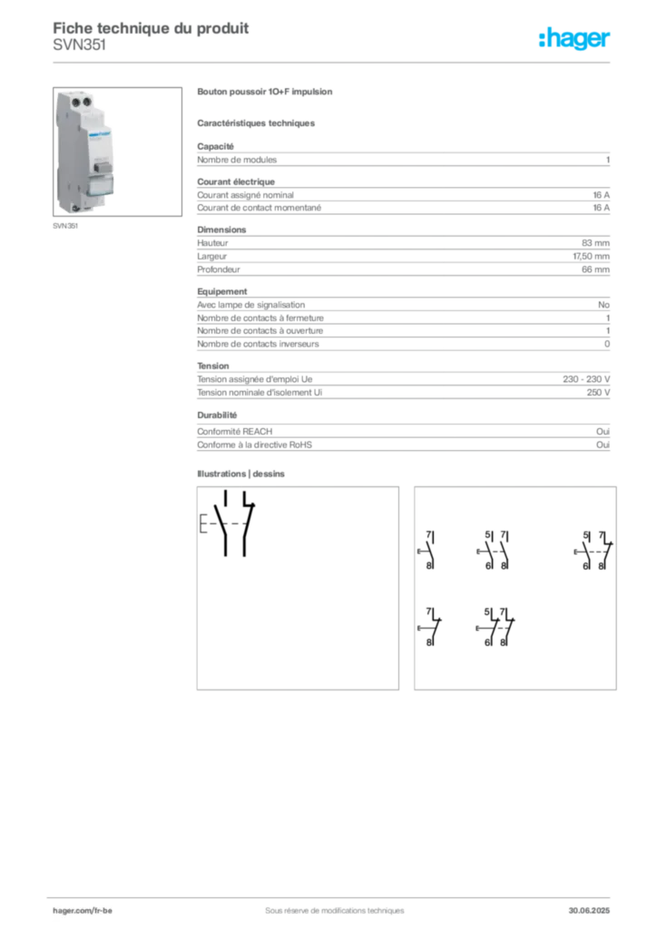 Image Hager Fiche technique du produit SVN351 | Hager Belgique