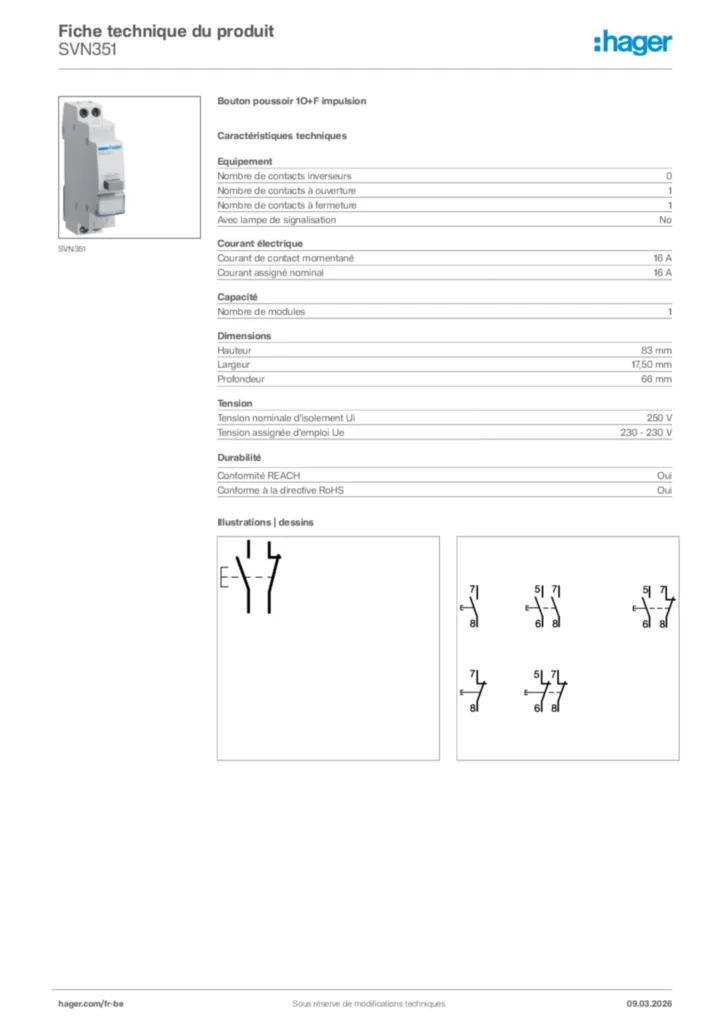 Image Hager Fiche technique du produit SVN351 | Hager Belgique