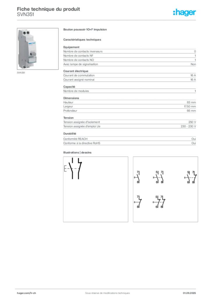 Image Hager Fiche technique du produit SVN351 | Hager Suisse