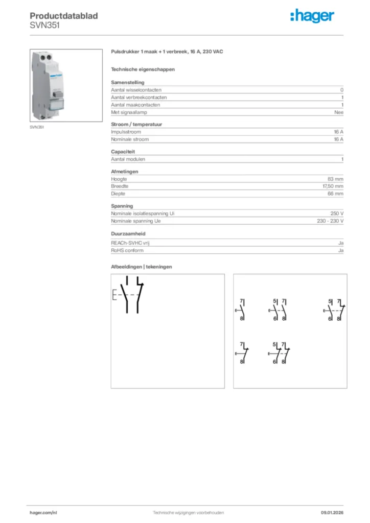 Afbeelding Hager Productdatablad SVN351 | Hager Nederland