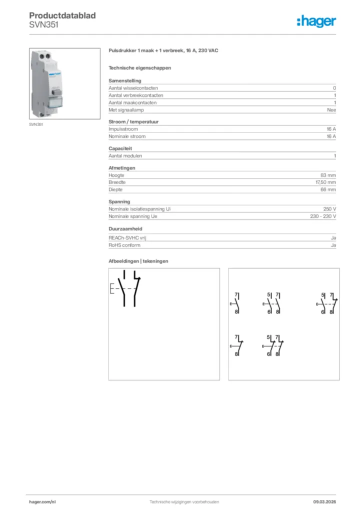 Afbeelding Hager Productdatablad SVN351 | Hager Nederland
