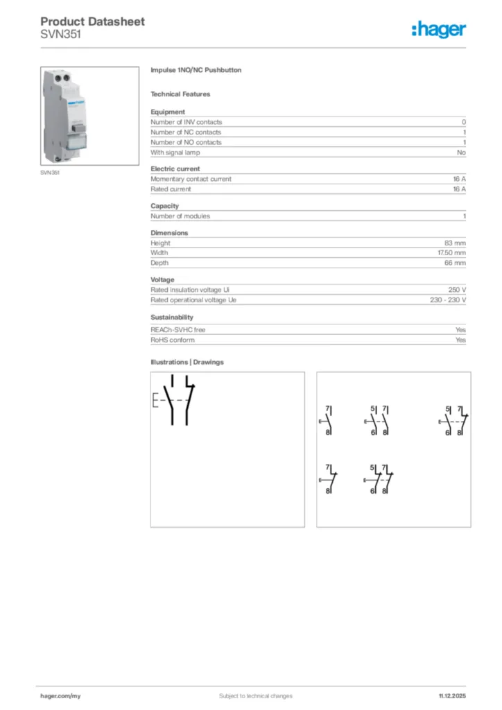 Image Hager Product data sheet SVN351  | Hager