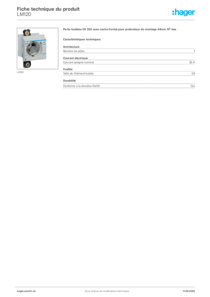 Image Hager Fiche technique du produit LM120 | Hager Suisse