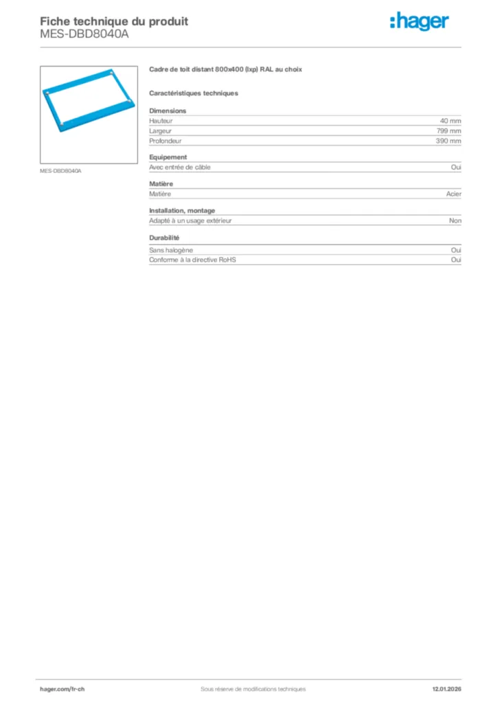 Image Hager Fiche technique du produit MES-DBD8040A | Hager Suisse