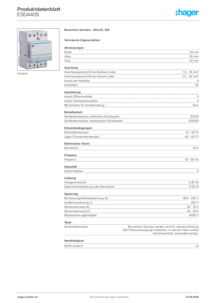 Bild Hager Produktdatenblatt ESD440S | Hager Schweiz
