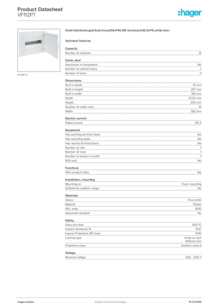 Image Hager Product data sheet VF112PT  | Hager Australia