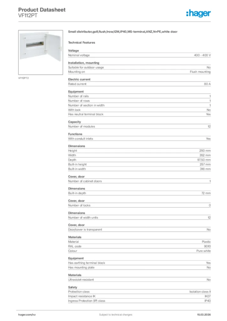 Image Hager Product data sheet VF112PT  | Hager New Zealand