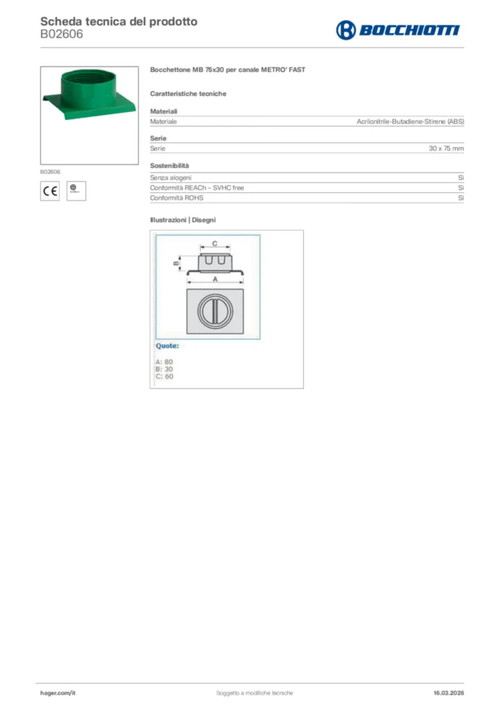 Immagine Bocchiotti Scheda tecnica del prodotto B02606 | Hager Italia