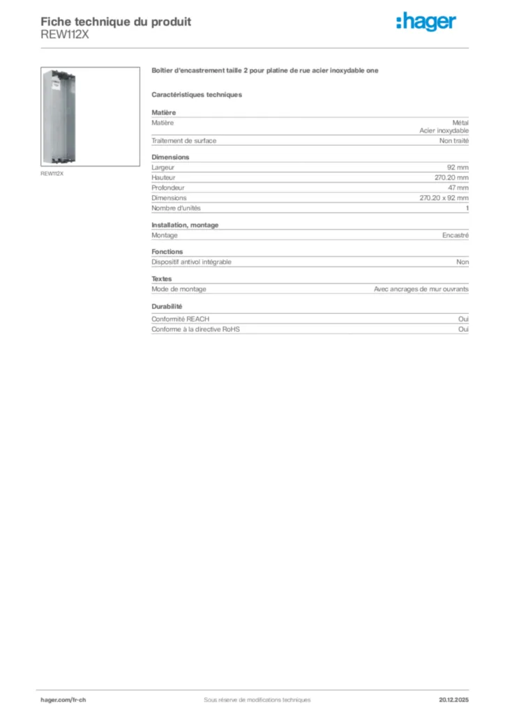Image Hager Fiche technique du produit REW112X | Hager Suisse