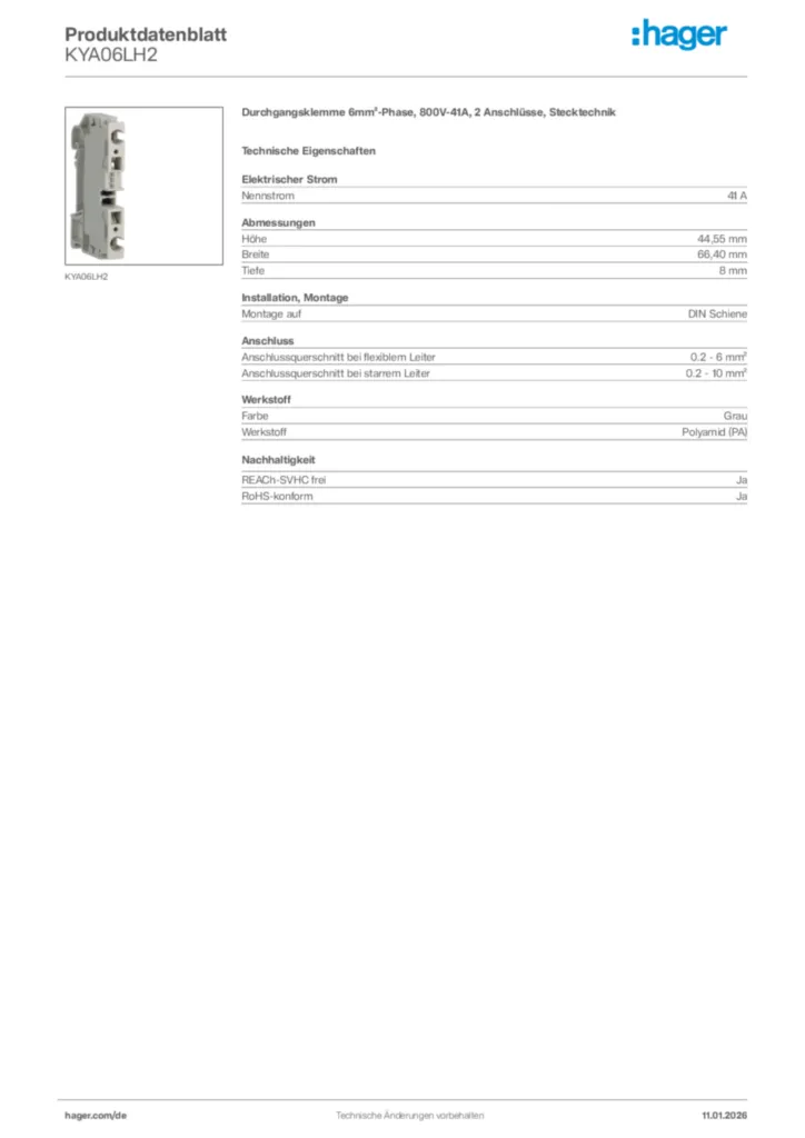 Bild Hager Produktdatenblatt KYA06LH2 | Hager Deutschland