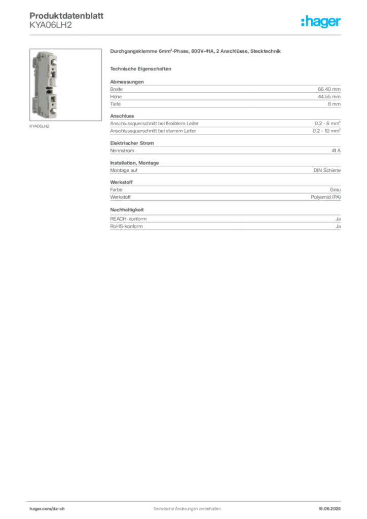 Bild Hager Produktdatenblatt KYA06LH2 | Hager Schweiz
