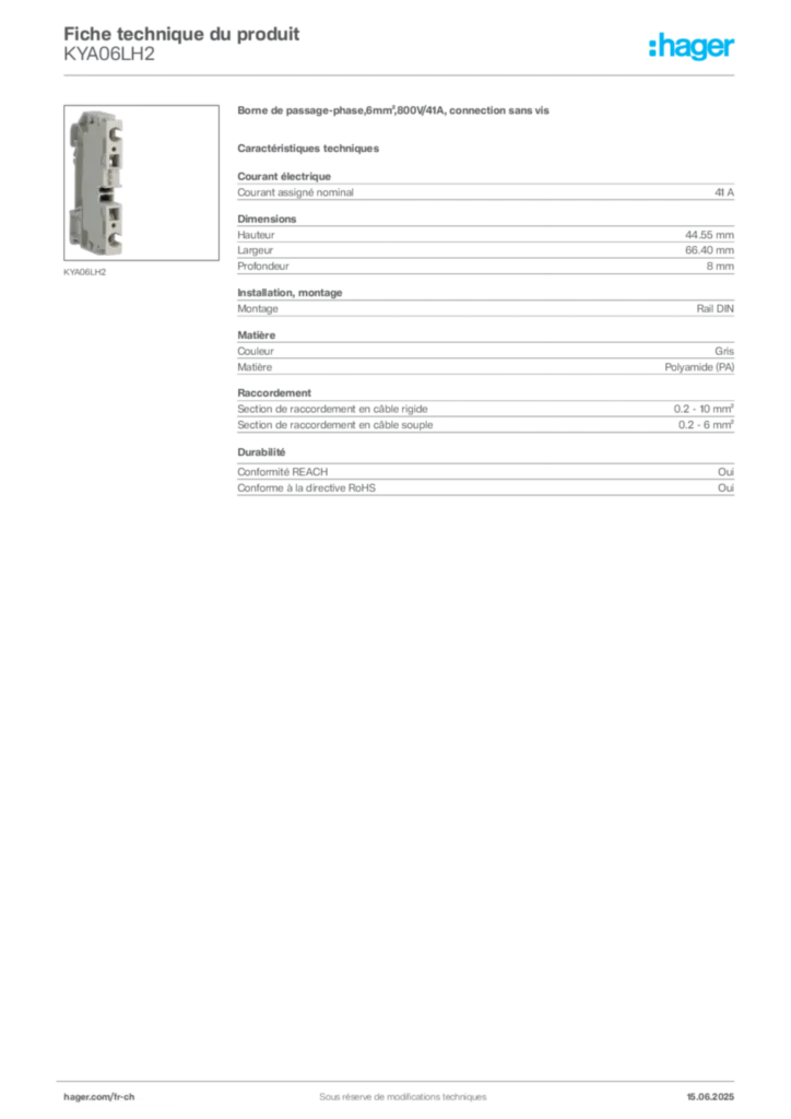 Image Hager Fiche technique du produit KYA06LH2 | Hager Suisse
