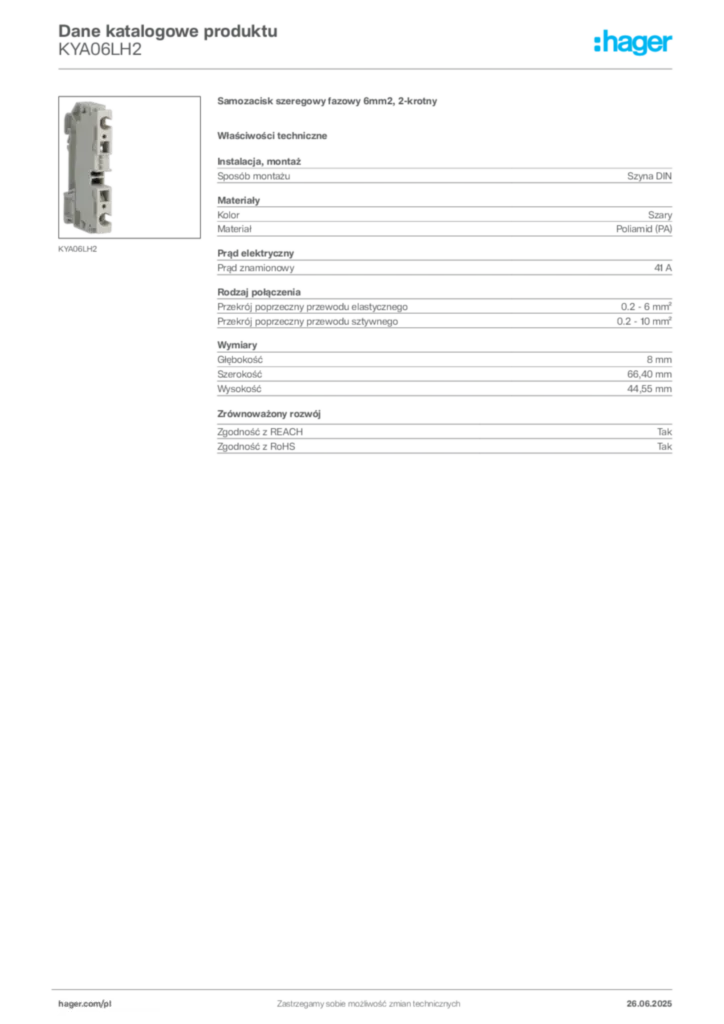 Zdjęcie Hager Karta katalogowa KYA06LH2 | Hager Polska