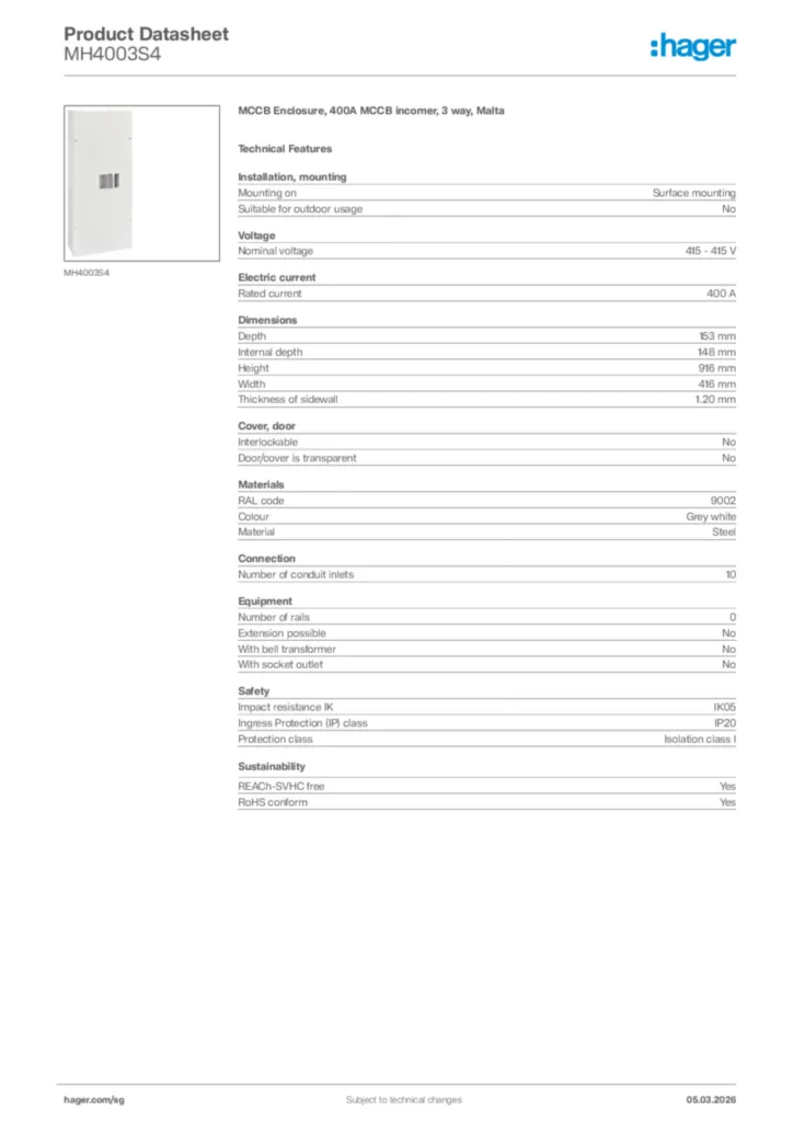 Image Hager Product data sheet MH4003S4  | Hager