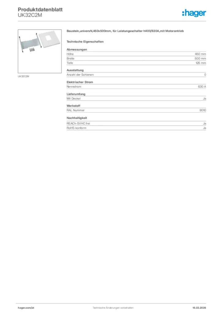 Bild Hager Produktdatenblatt UK32C2M | Hager Deutschland