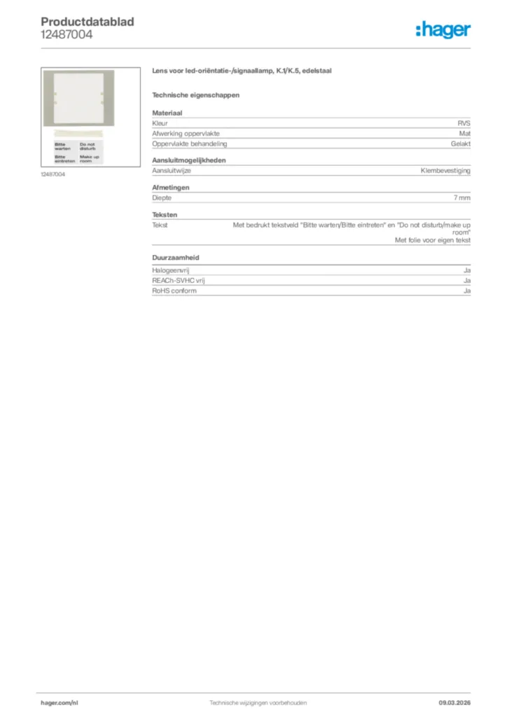 Afbeelding Hager Productdatablad 12487004 | Hager Nederland