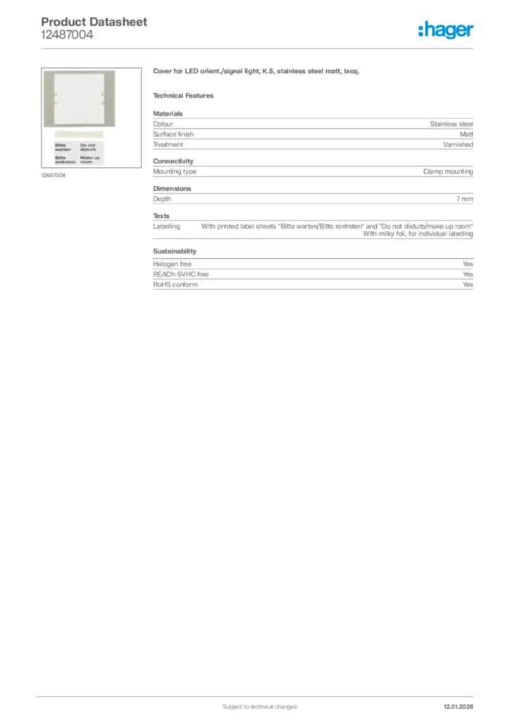 Image Hager Product data sheet 12487004  | Hager