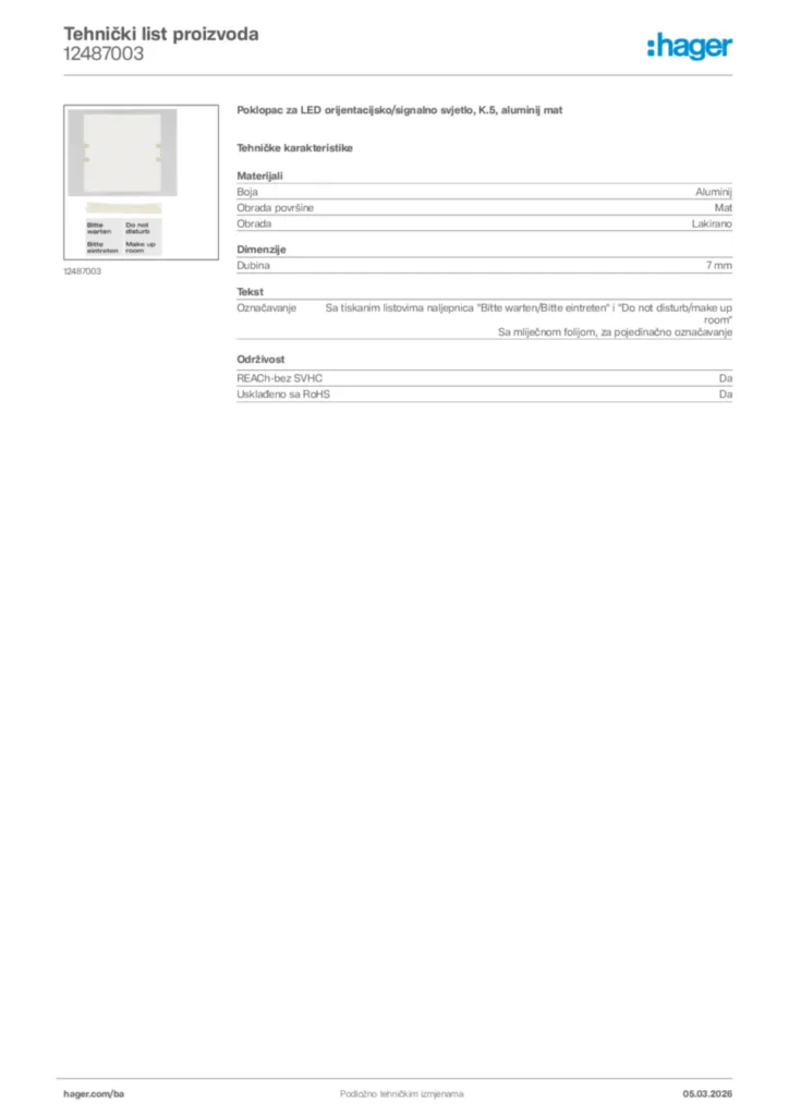 Slika Hager Tehnički list proizvoda 12487003  | Hager