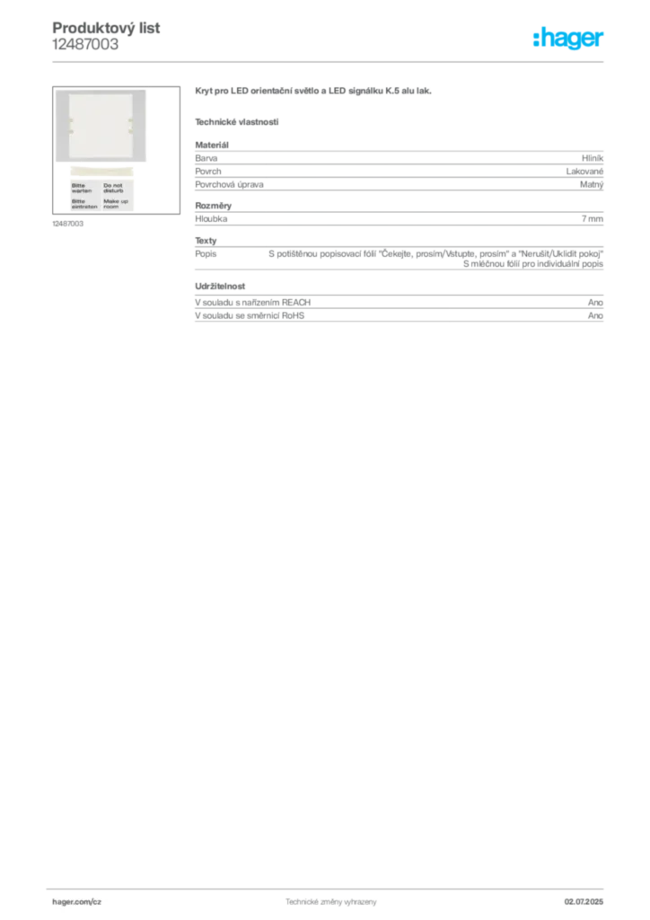Obrázek Hager Produktový list 12487003 | Hager