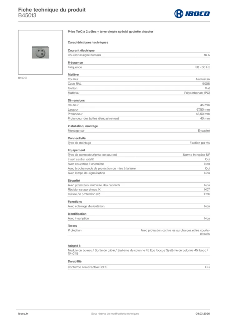 Image Iboco Fiche technique du produit B45013 | Hager France