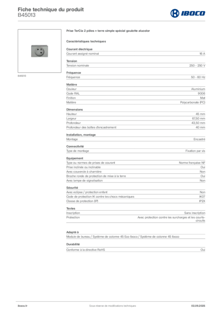 Image Iboco Fiche technique du produit B45013 | Hager France