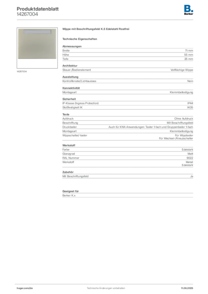 Bild Berker Produktdatenblatt 14267004 | Hager Deutschland