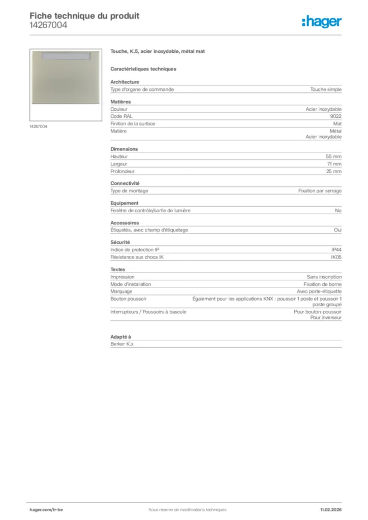 Image Hager Fiche technique du produit 14267004 | Hager Belgique