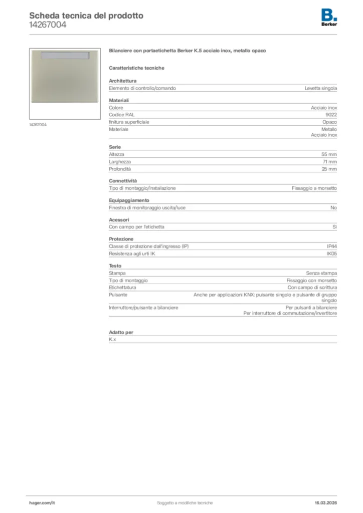 Immagine Berker Scheda tecnica del prodotto 14267004 | Hager Italia