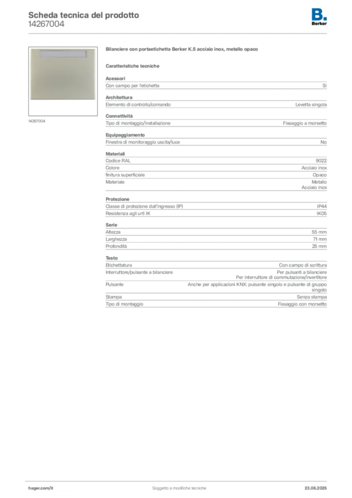 Immagine Berker Scheda tecnica del prodotto 14267004 | Hager Italia