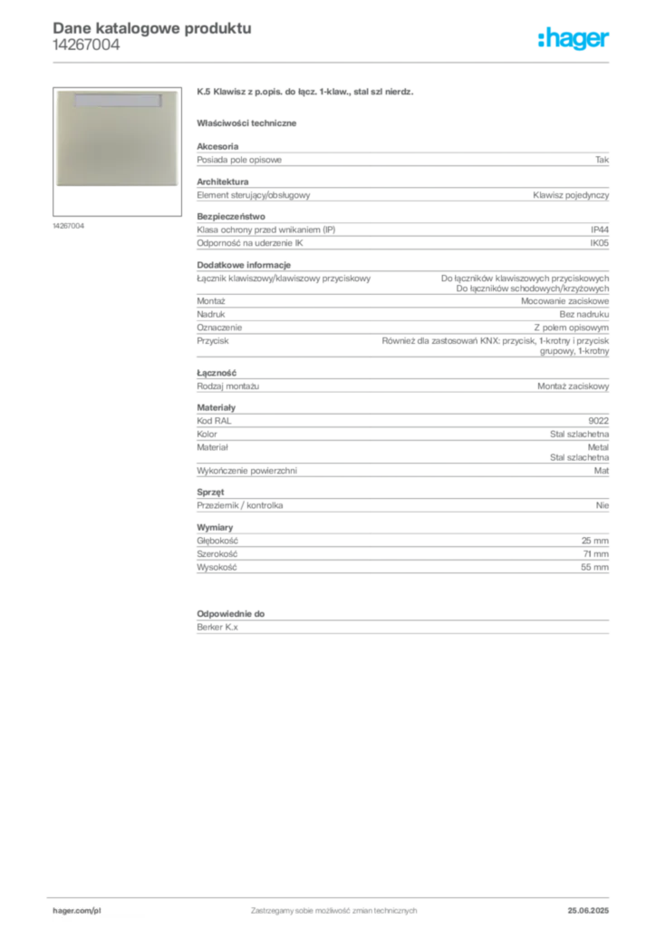 Zdjęcie Hager Karta katalogowa 14267004 | Hager Polska