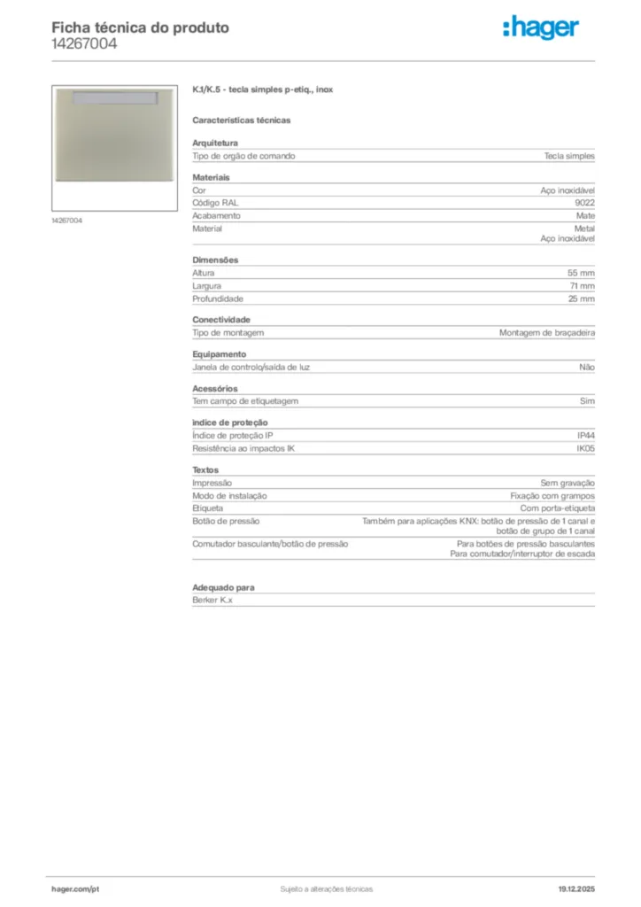 Imagem Hager Ficha técnica do produto 14267004 | Hager Portugal