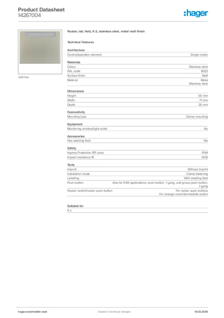Image Hager Product data sheet 14267004  | Hager