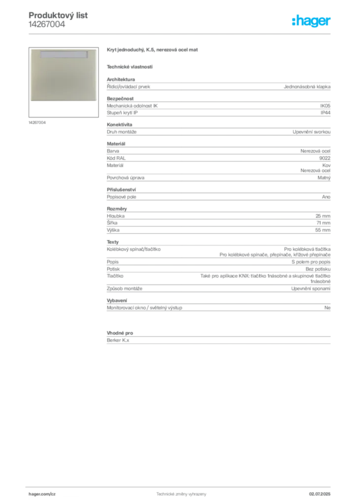 Obrázek Hager Produktový list 14267004 | Hager