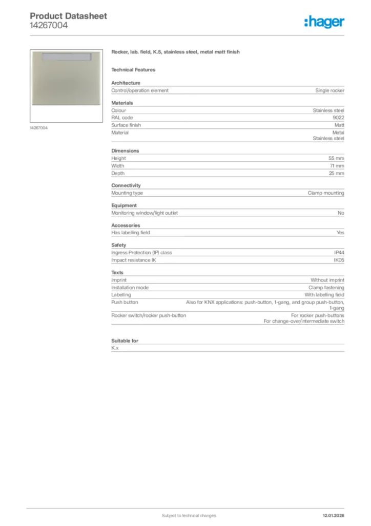 Image Hager Product data sheet 14267004  | Hager