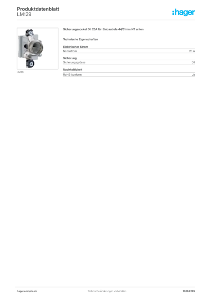 Bild Hager Produktdatenblatt LM129 | Hager Schweiz