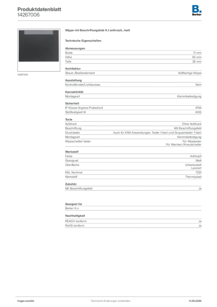 Bild Berker Produktdatenblatt 14267006 | Hager Deutschland