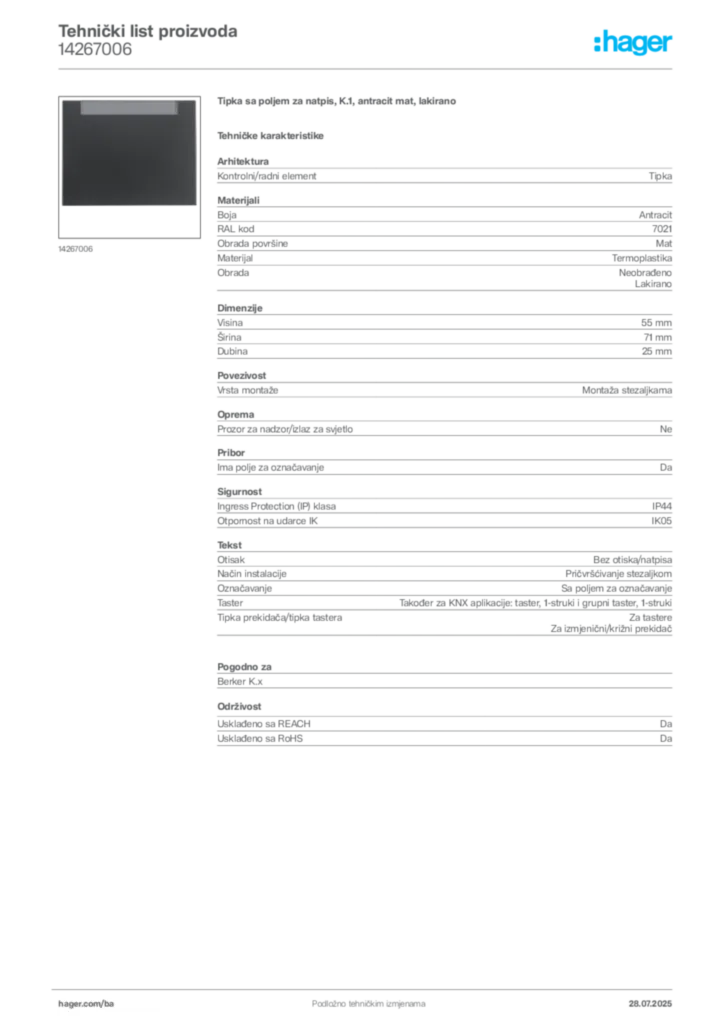 Slika Hager Product data sheet 14267006  | Hager