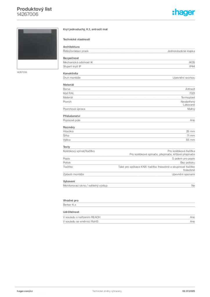 Obrázek Hager Produktový list 14267006 | Hager