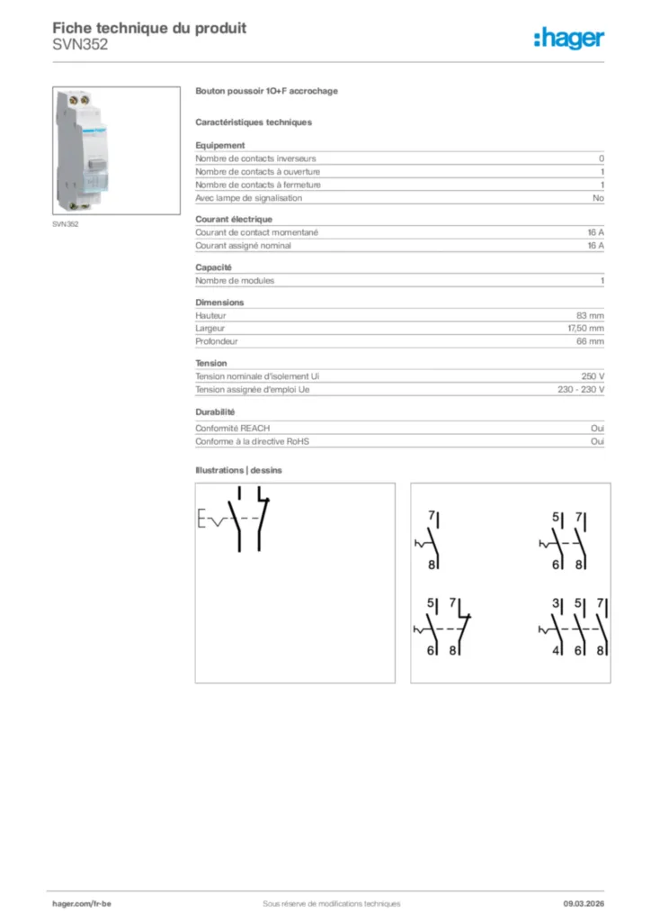 Image Hager Fiche technique du produit SVN352 | Hager Belgique